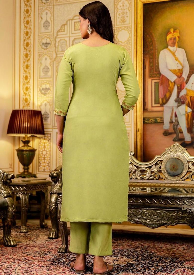 Lime Green Embroidered Viscose Kurta Set - Indya