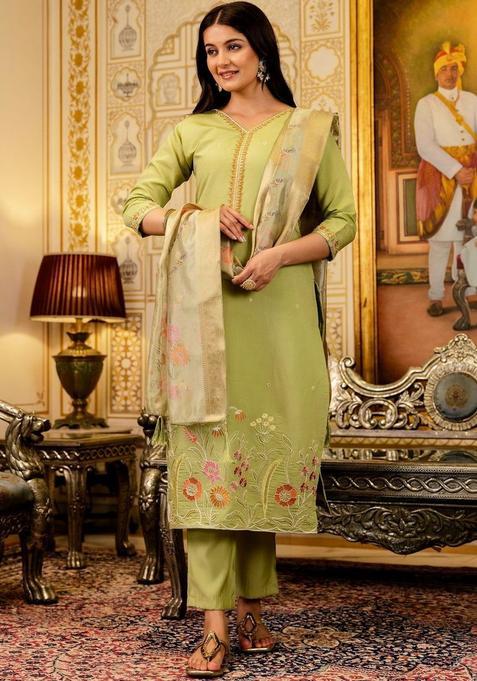 Lime Green Embroidered Viscose Kurta Set — view on Indya
