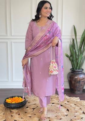 Violet Embroidered Silk Blend Kurta Set