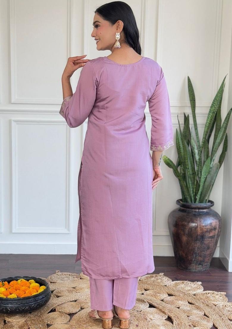Violet Embroidered Silk Kurta Set - Indya