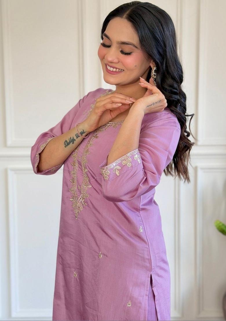 Violet Embroidered Silk Kurta Set - Indya