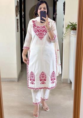 Off White Embroidered Polyester Kurta Set