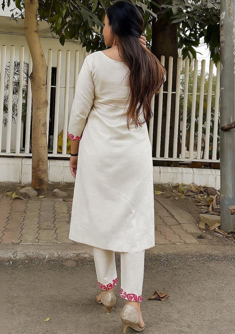 Off White Embroidered Polyester Kurta Set - Indya