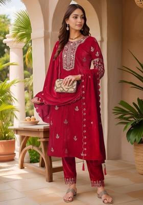 Red Embroidered Velvet Kurta Set