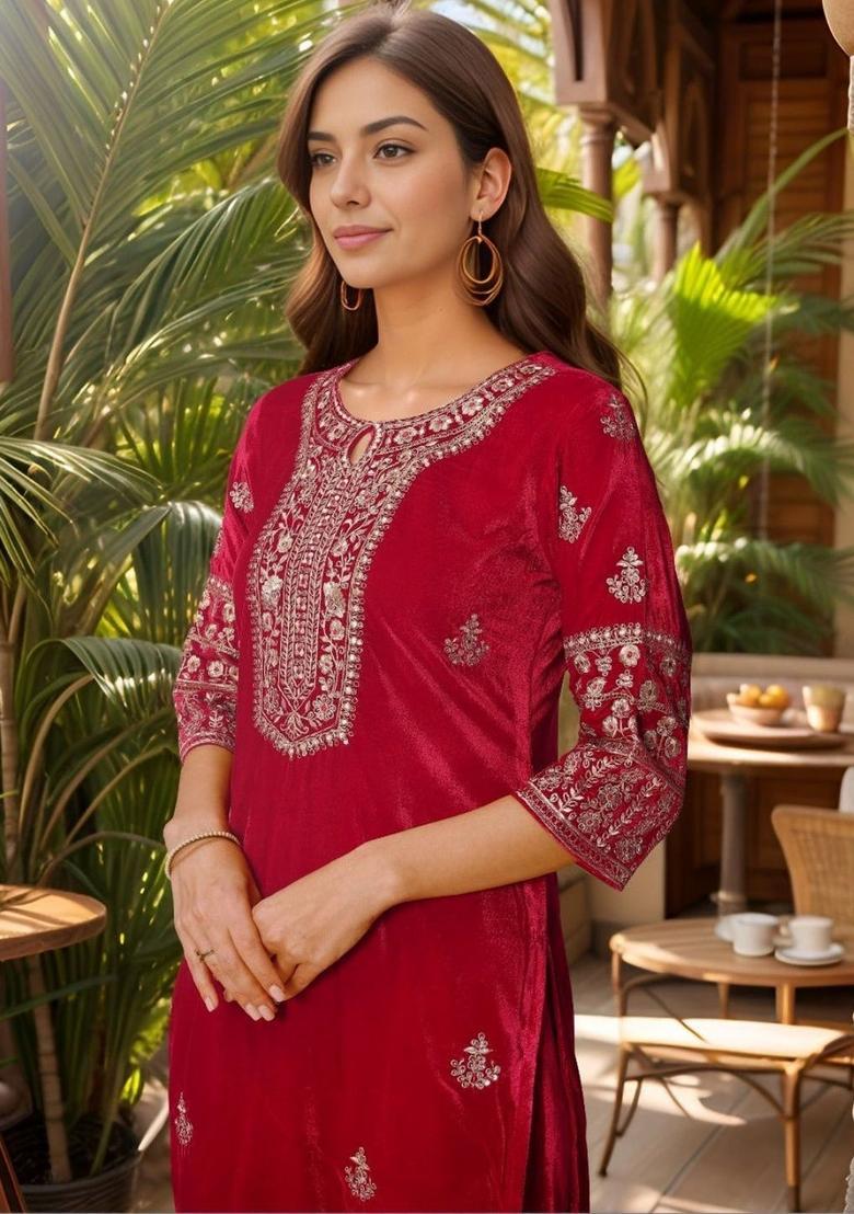 Red Embroidered Velvet Kurta Set - Indya