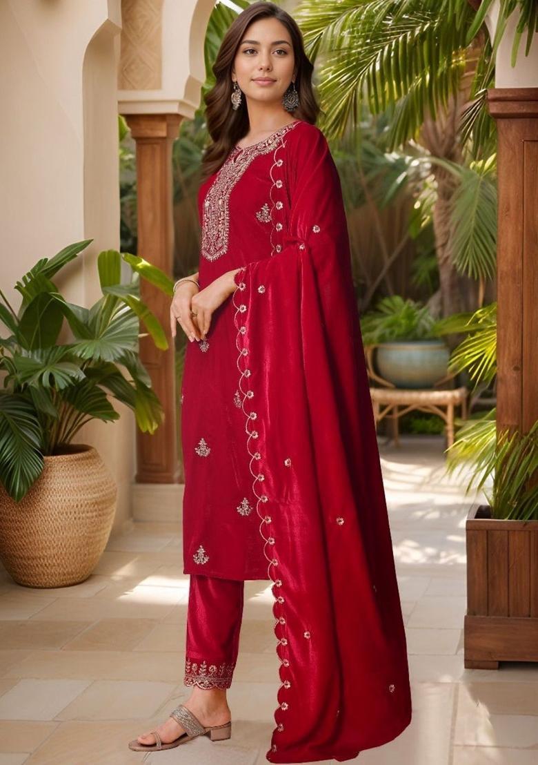 Red Embroidered Velvet Kurta Set - Indya