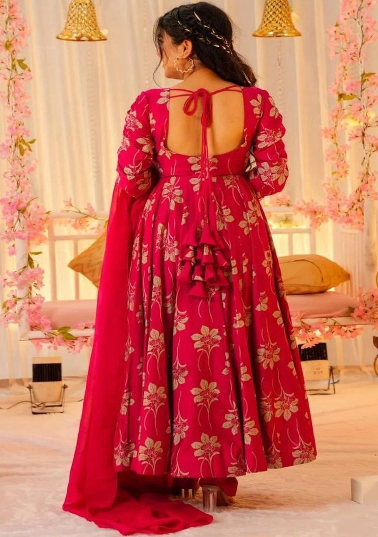 Red Printed Chinon Kurta Set - Indya