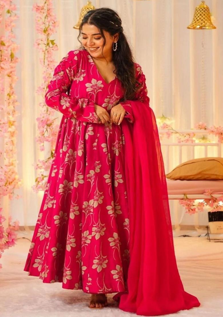 Red Printed Chinon Kurta Set - Indya