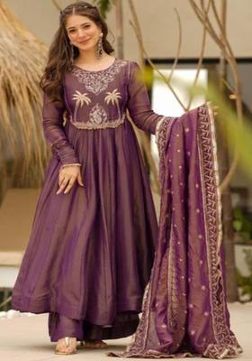 Purple Embroidered Silk Kurta Set
