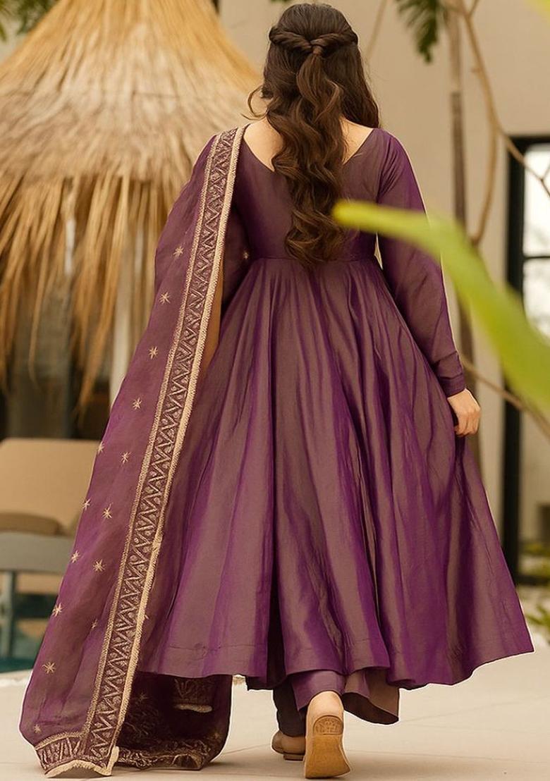 Purple Embroidered Silk Kurta Set - Indya