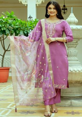 Purple Embroidered Silk Kurta Set