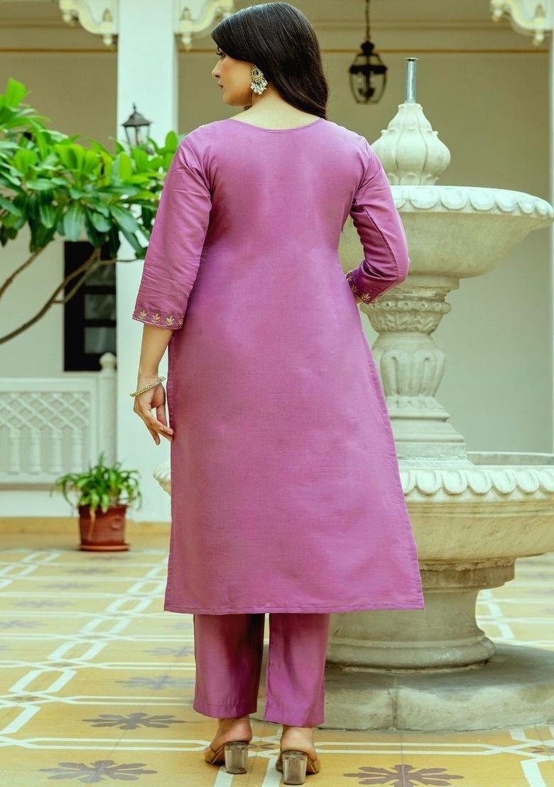Purple Embroidered Silk Kurta Set - Indya