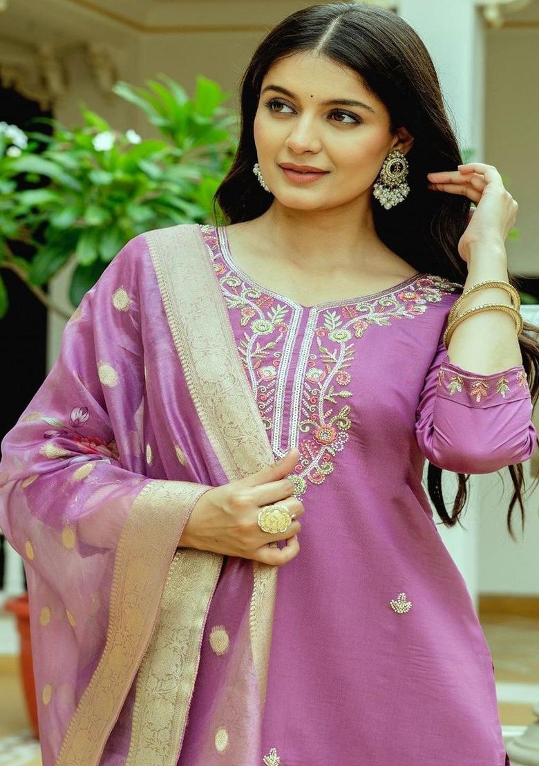 Purple Embroidered Silk Kurta Set - Indya