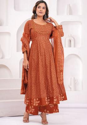 Brown Printed Cotton Anarkali Set