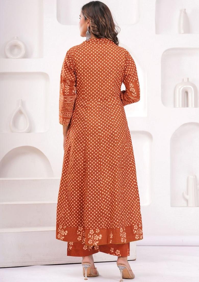 Brown Printed Cotton Anarkali Set - Indya