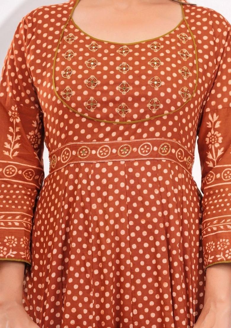Brown Printed Cotton Anarkali Set - Indya