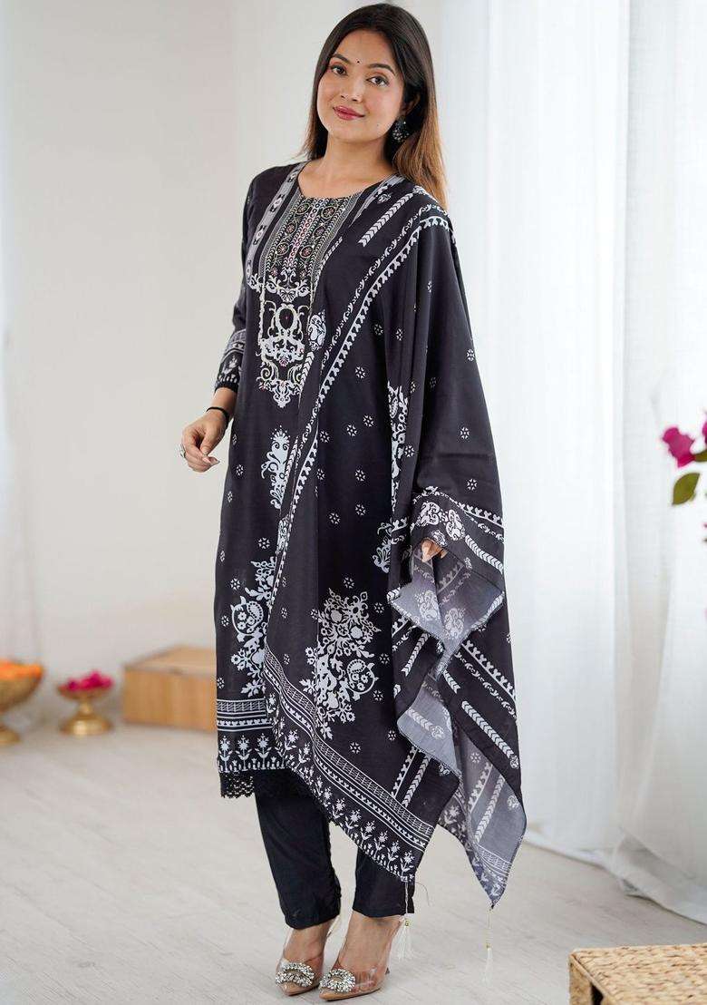 Black Printed Polyester Kurta Set - Indya