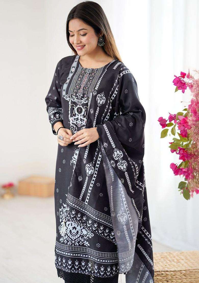 Black Printed Polyester Kurta Set - Indya