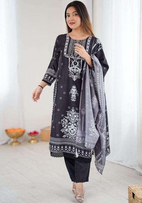 Black Printed Polyester Kurta Set