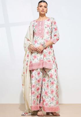 Off White Printed Silk Kurta Set