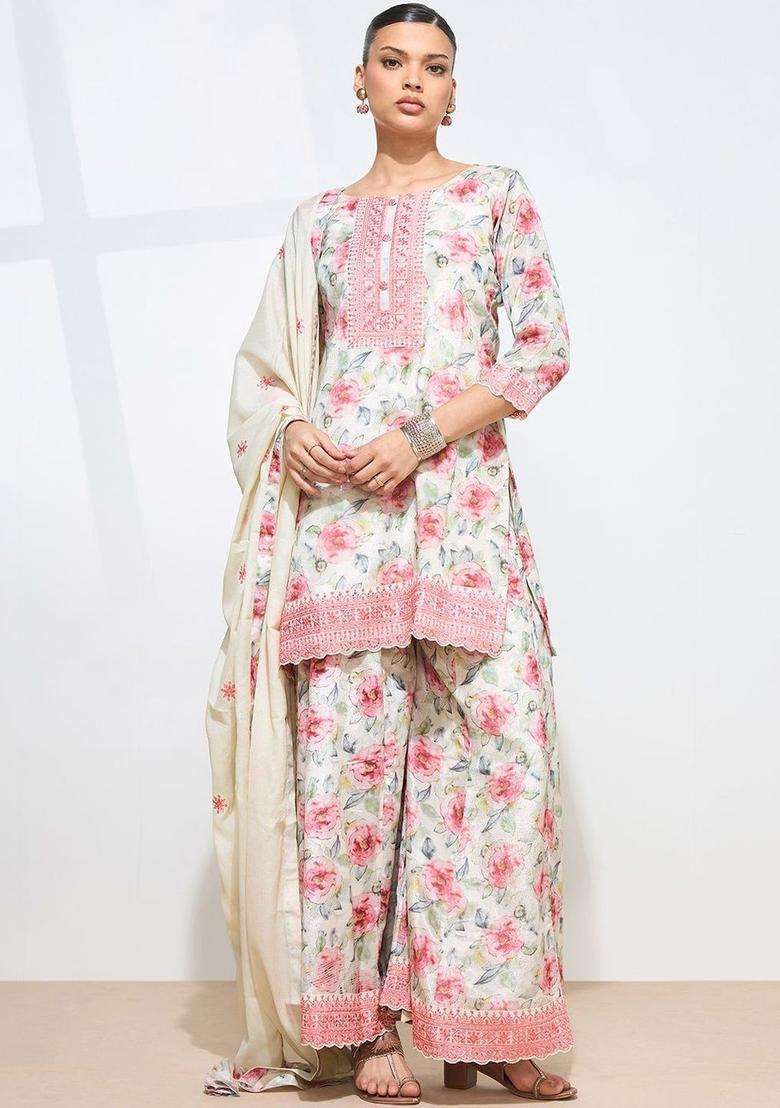 Off White Printed Silk Blend Kurta Set - Indya