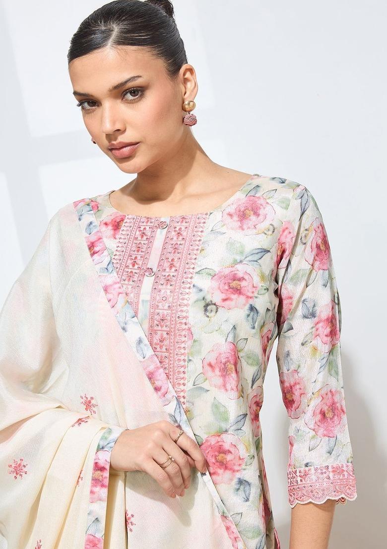 Off White Printed Silk Kurta Set - Indya