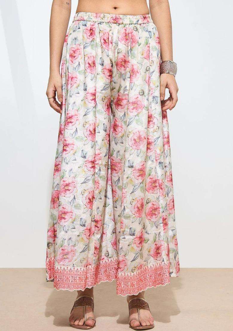 Off White Printed Silk Blend Kurta Set - Indya