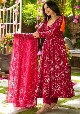 Maroon Printed Viscose Anarkali Set