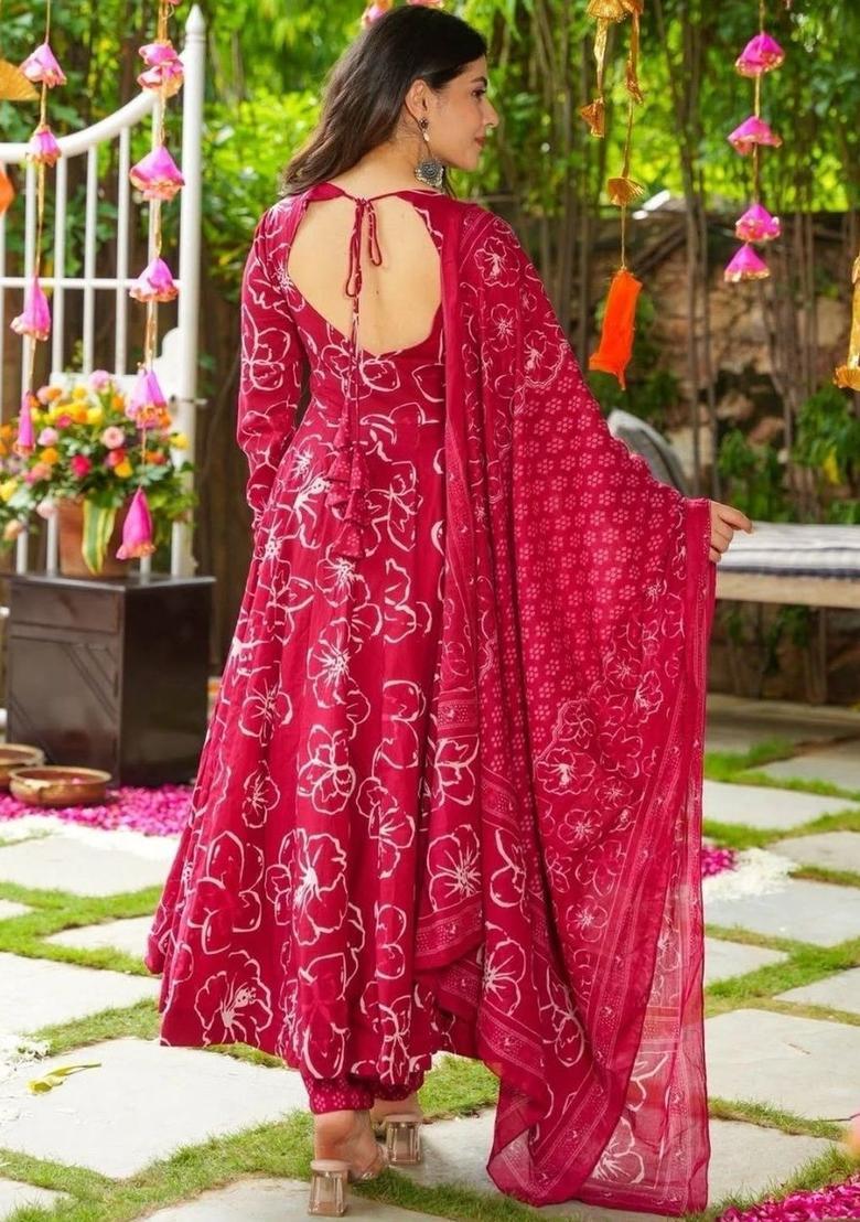 Maroon Printed Viscose Anarkali Set - Indya