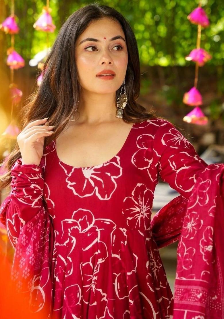 Maroon Printed Viscose Anarkali Set - Indya