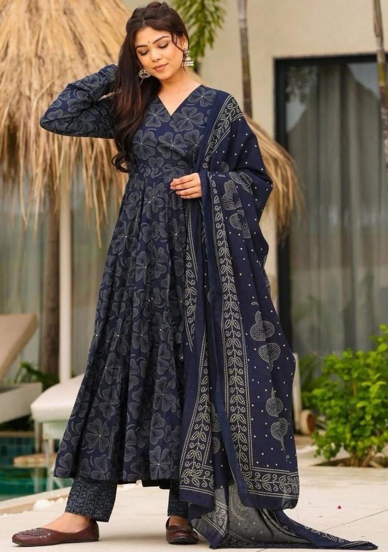 Navy Blue Printed Cotton Kurta Set - Indya
