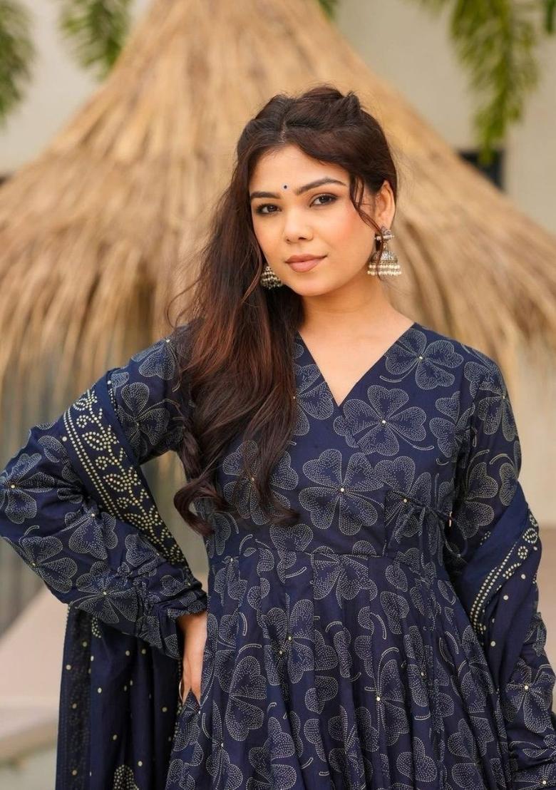 Navy Blue Printed Cotton Kurta Set - Indya