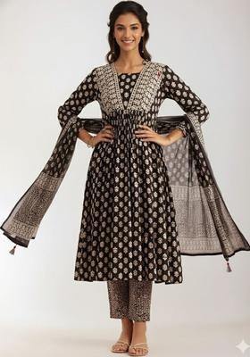 Black Printed Cotton Kurta Set