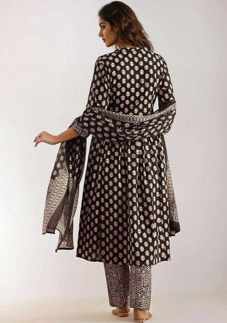 Black Printed Cotton Kurta Set - Indya