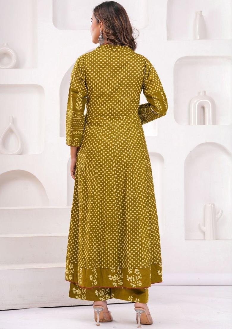 Olive Printed Cotton Kurta Set - Indya
