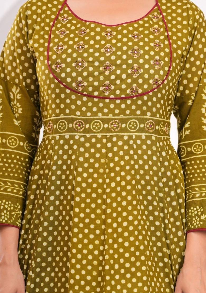 Olive Printed Cotton Kurta Set - Indya