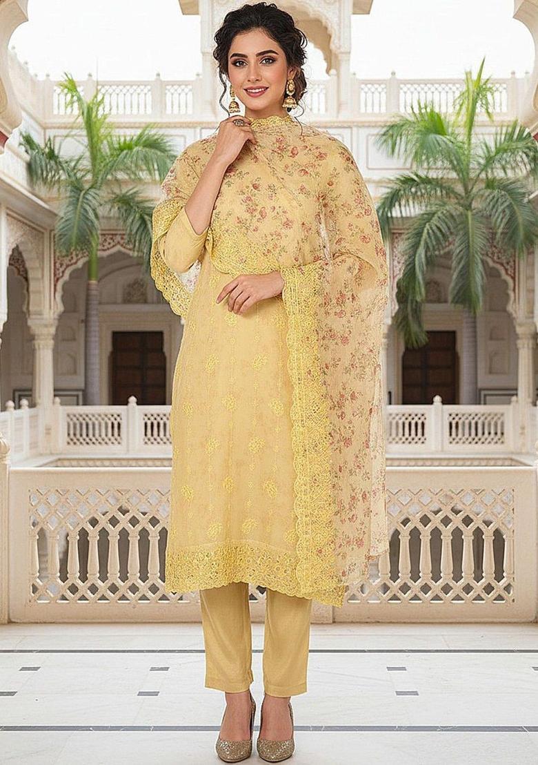 Yellow Embroidered Organza Kurta Set - Indya