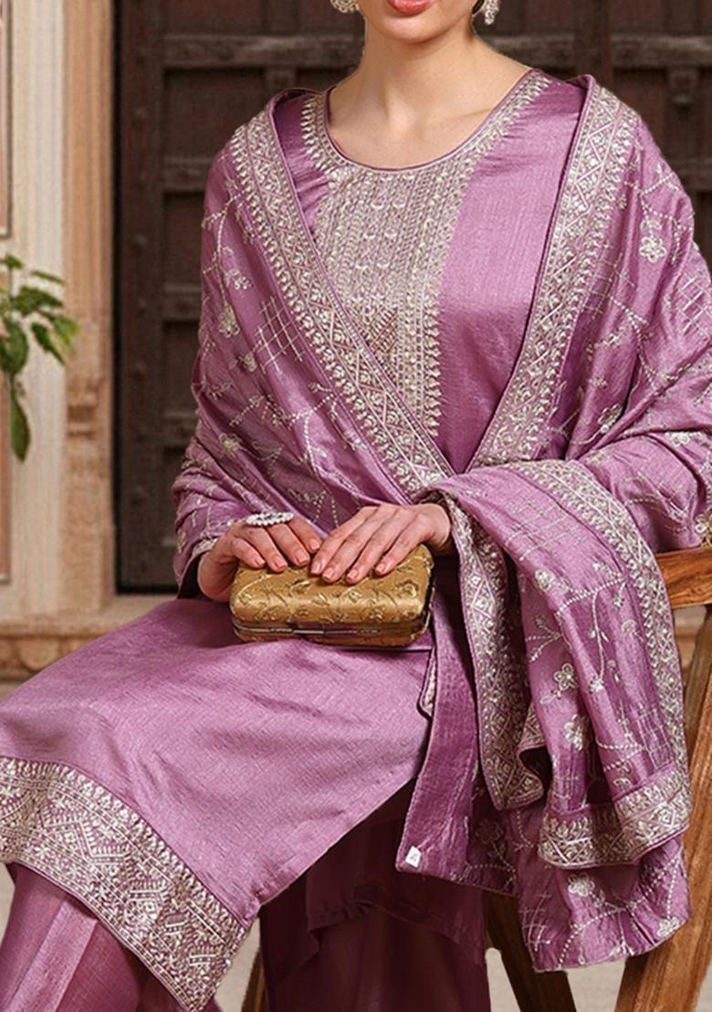 Purple Yoke Design Silk Kurta Set - Indya