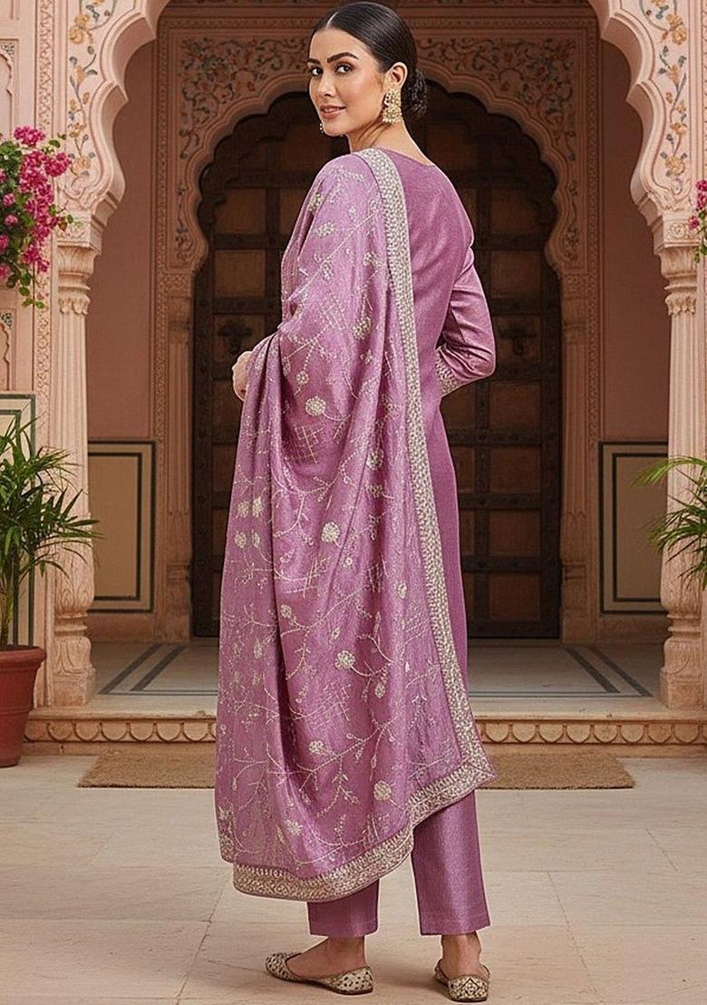 Purple Yoke Design Silk Kurta Set - Indya