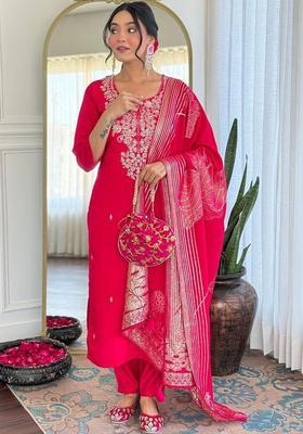 Fuchsia Embroidered Silk Kurta Set
