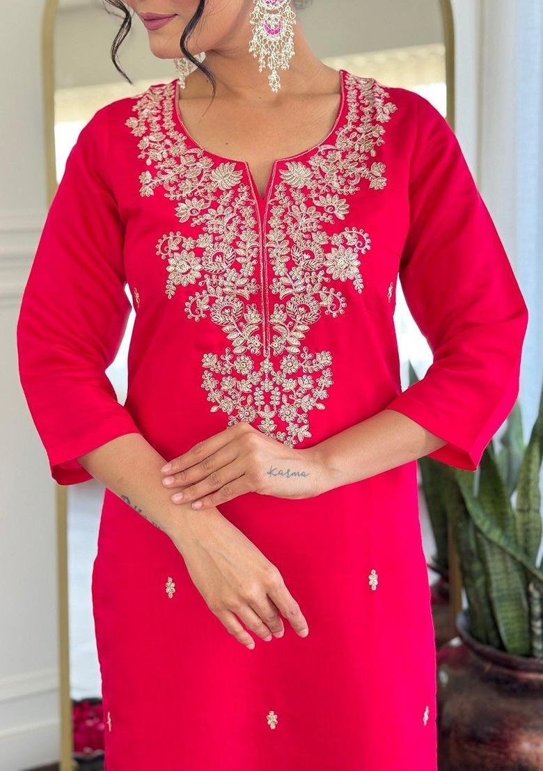 Fuchsia Embroidered Silk Kurta Set - Indya