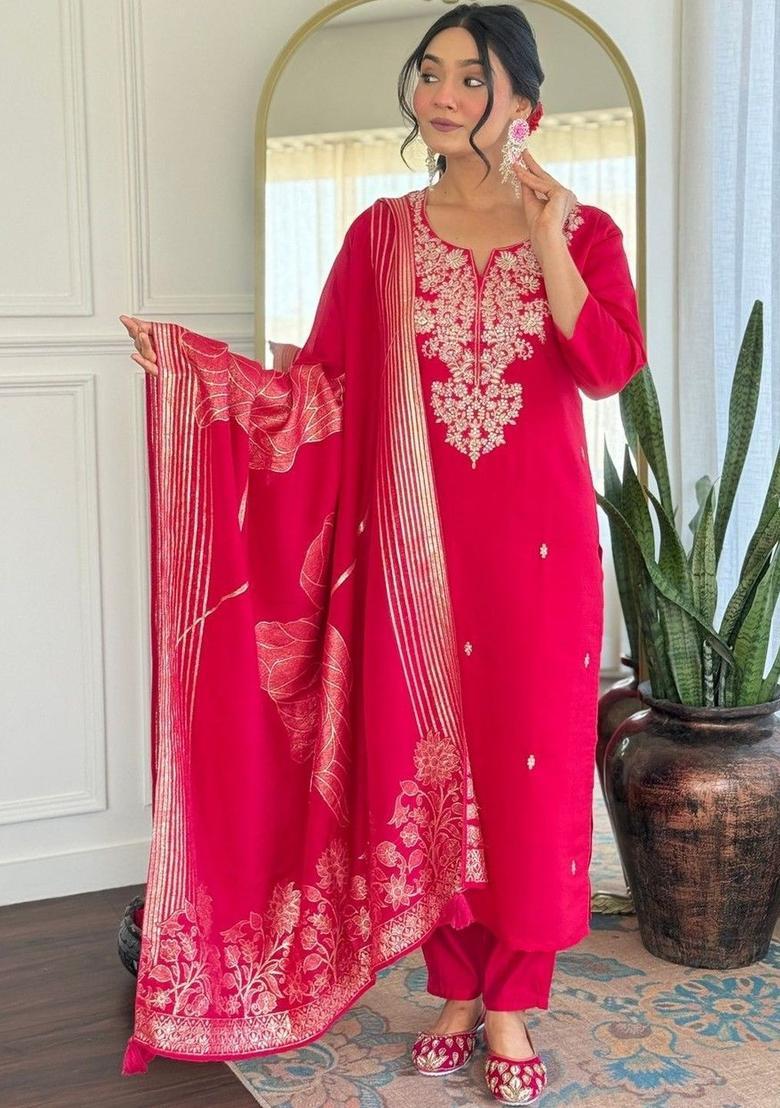 Fuchsia Embroidered Silk Kurta Set - Indya