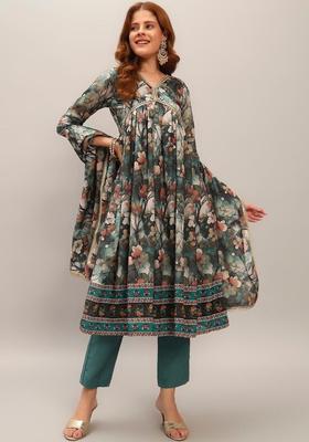 Green Printed Silk Kurta Set