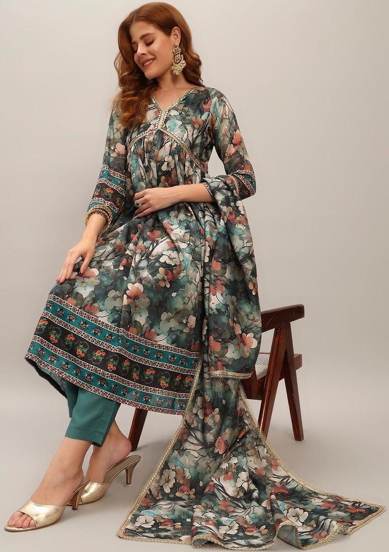 Green Printed Silk Kurta Set - Indya