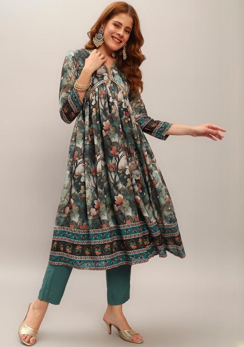 Green Printed Silk Kurta Set - Indya