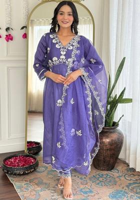 Lavender Embroidered Silk Kurta Set