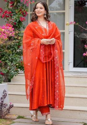 Red Embroidered Silk Kurta Set