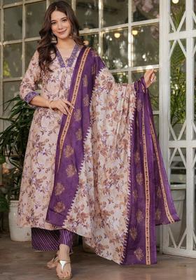 Peach Printed Cotton Kurta Set