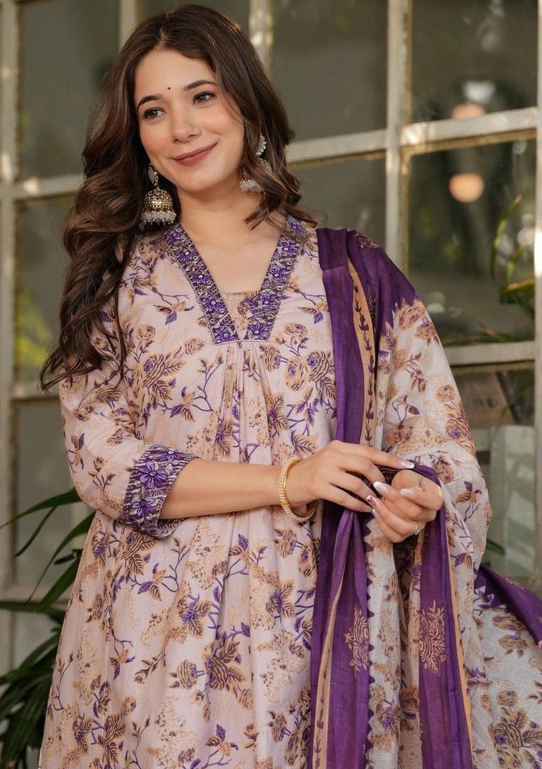 Peach Printed Cotton Kurta Set - Indya