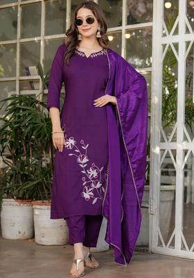 Purple Embroidered Viscose Kurta Set